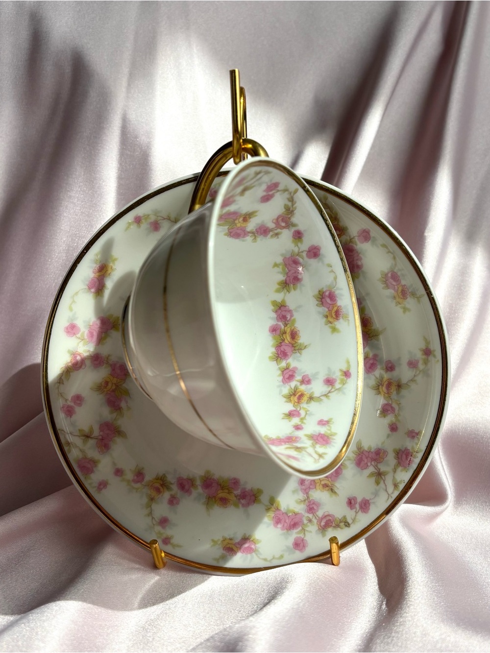 Antique Limoges Tea Cup & Saucer in White with Pink Rose Garland and Gold Trim - Picture 6 of 7